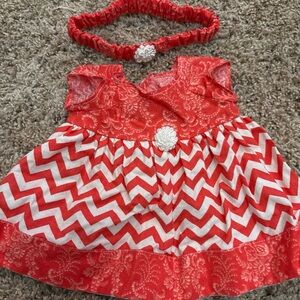 Charming Red and White Chevron Doll Dress with Headband